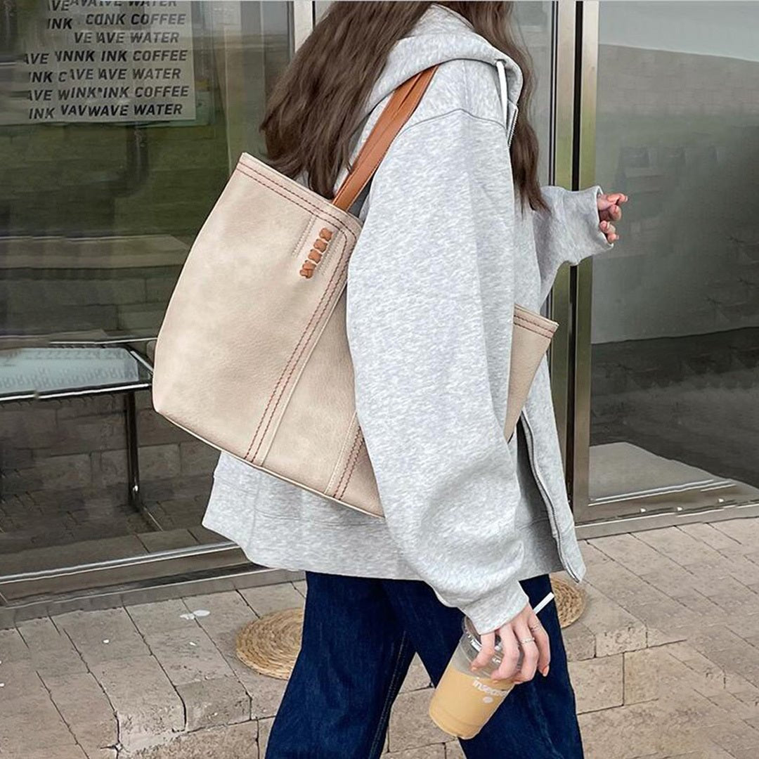 Women's Minimalist Vegan Leather Tote Bag - Khaki | Autumn