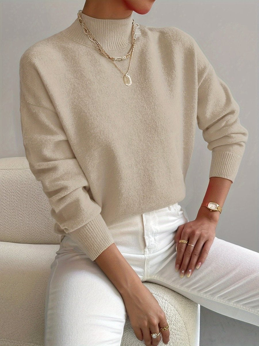 Women's Mock Neck Relaxed Knit Sweater - Everyday Comfort | Autumn - Beige