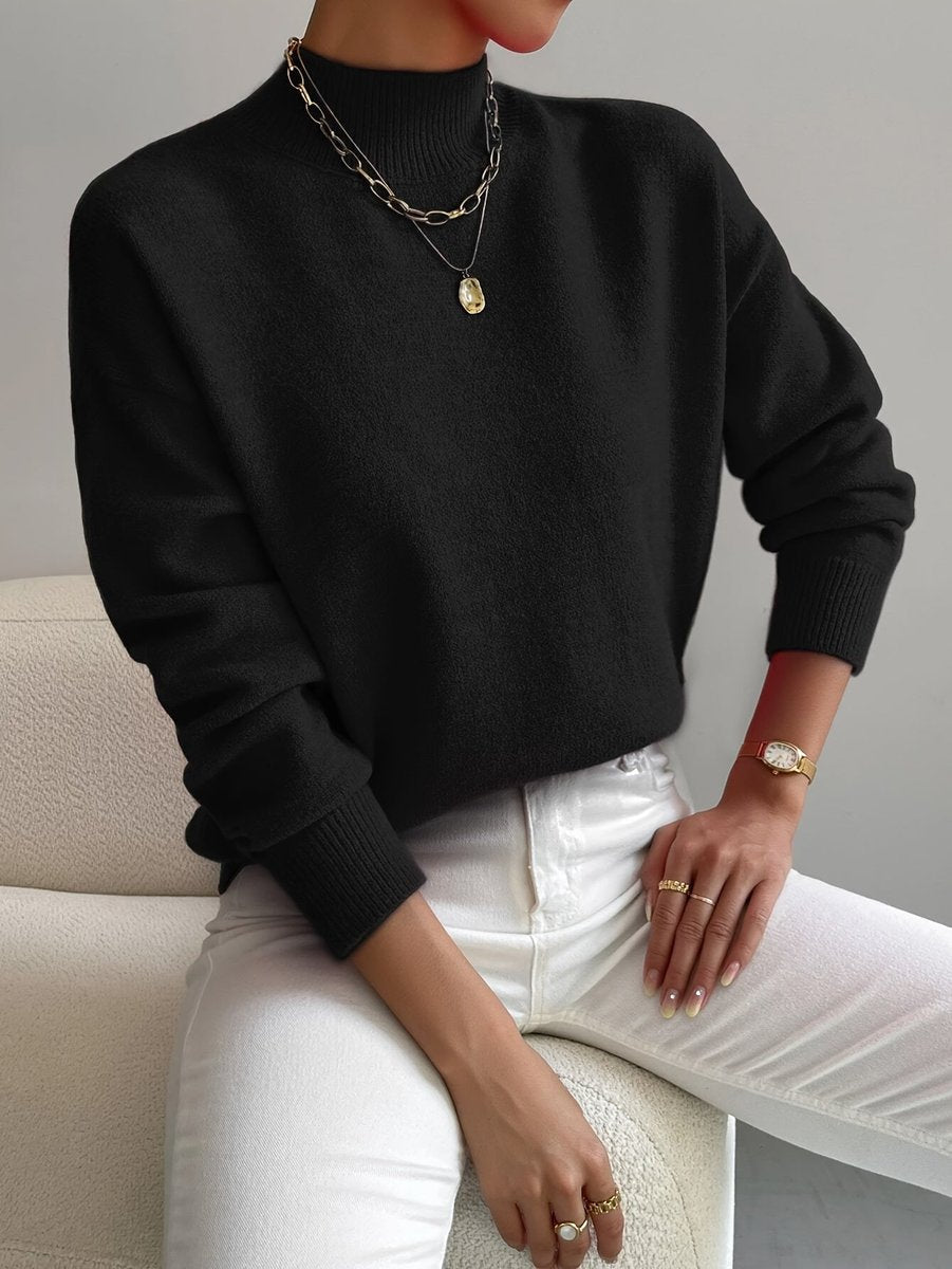 Women's Mock Neck Relaxed Knit Sweater - Everyday Comfort | Autumn - Black