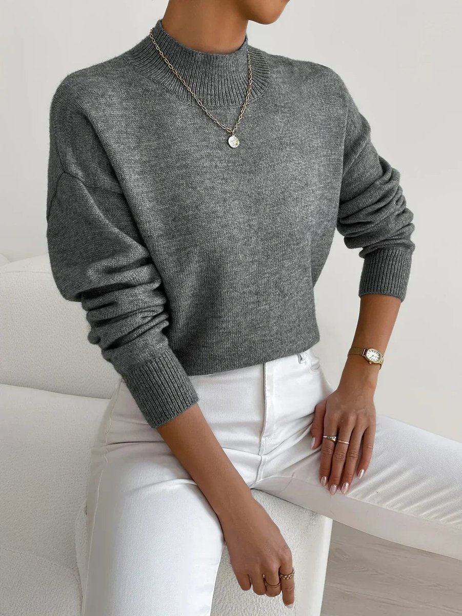 Women's Mock Neck Relaxed Knit Sweater - Everyday Comfort | Autumn - Dark Gray