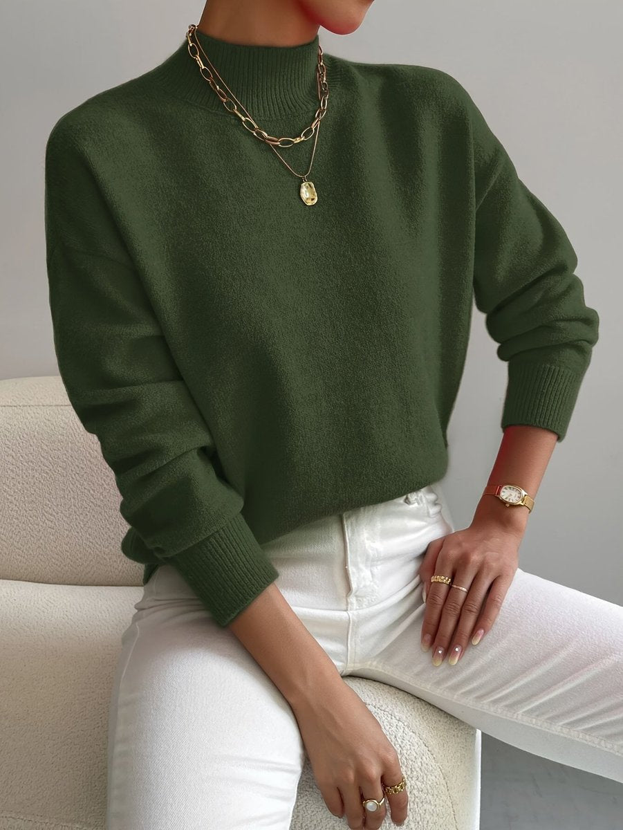 Women's Mock Neck Relaxed Knit Sweater - Everyday Comfort | Autumn - Green