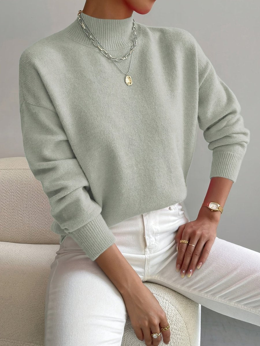 Women's Mock Neck Relaxed Knit Sweater - Everyday Comfort | Autumn - Light Green