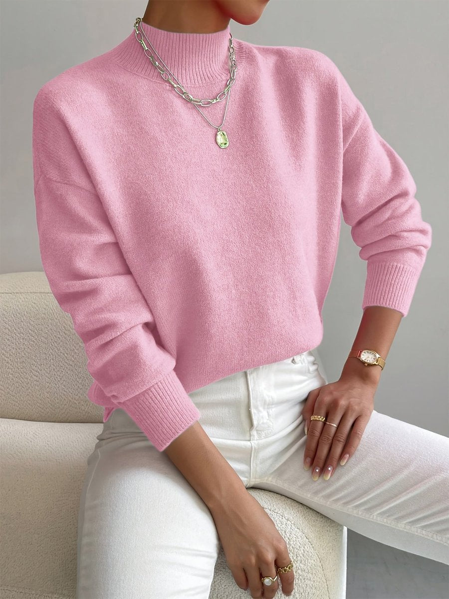 Women's Mock Neck Relaxed Knit Sweater - Everyday Comfort | Autumn - Light Pink
