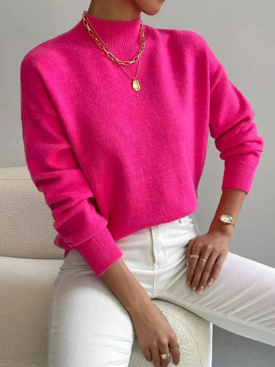 Women's Mock Neck Relaxed Knit Sweater - Everyday Comfort | Autumn - Pink
