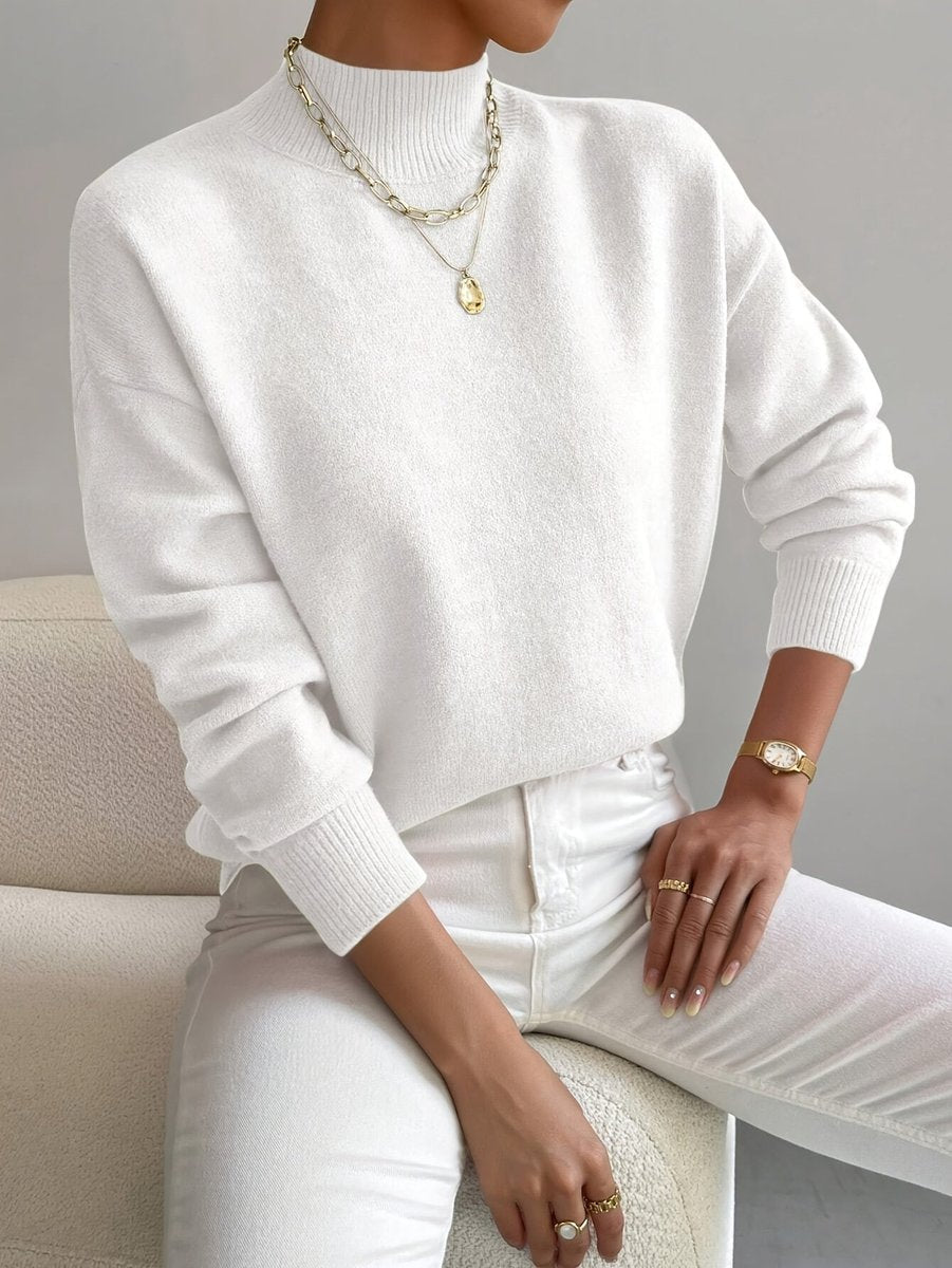 Women's Mock Neck Relaxed Knit Sweater - Everyday Comfort | Autumn - White
