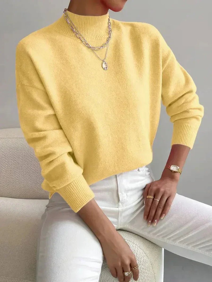 Women's Mock Neck Relaxed Knit Sweater - Everyday Comfort | Autumn - Yellow