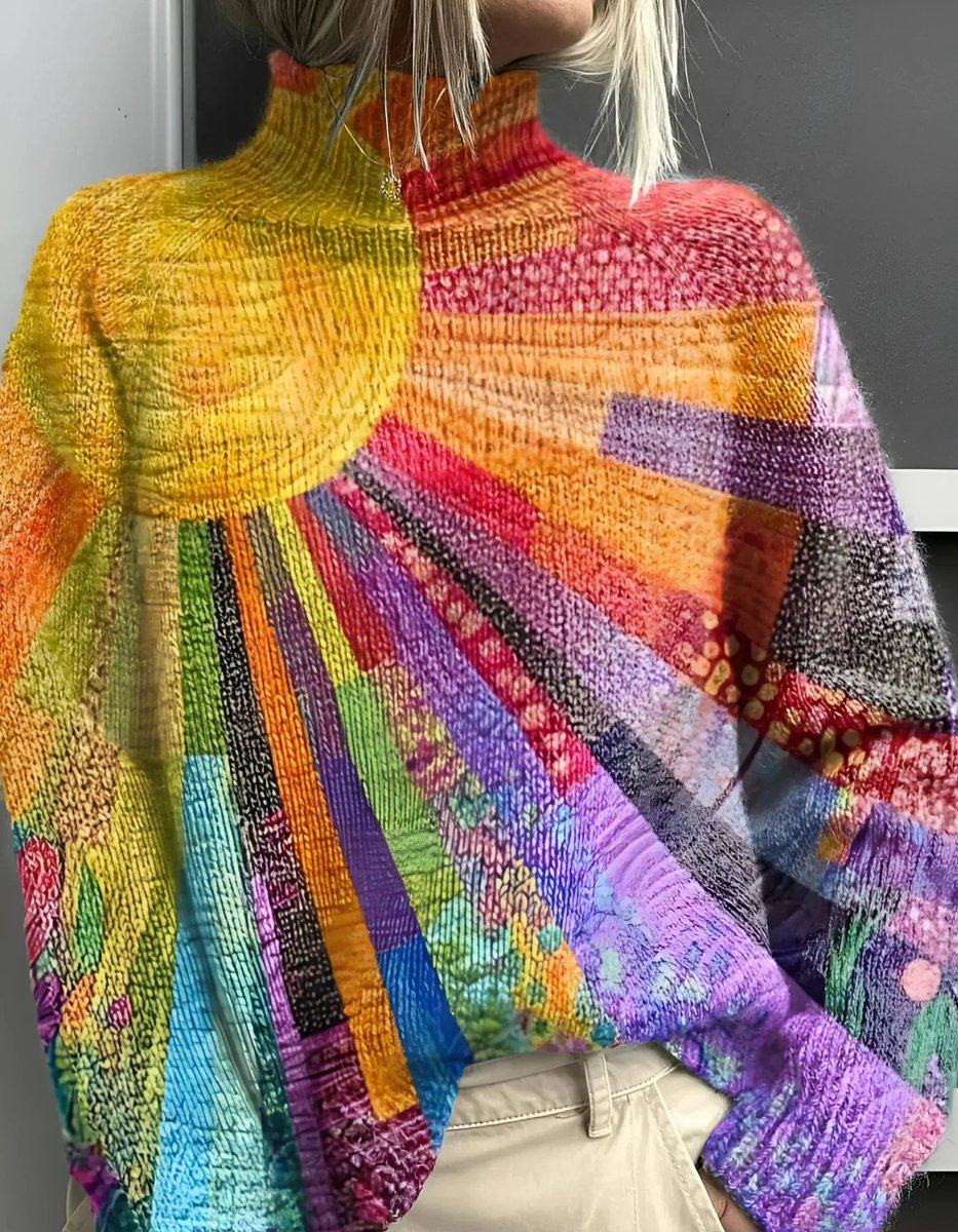Women's Multicolor Turtleneck Pullover Sweater - Relaxed Knit | Autumn