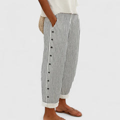 Women's Nautical Striped Tapered Trousers - Relaxed Fit | Summer - Black