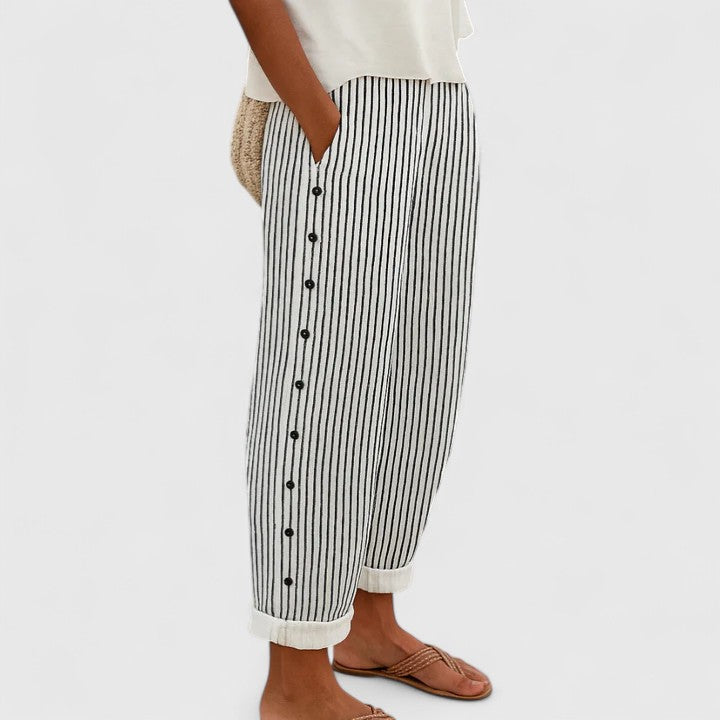 Women's Nautical Striped Tapered Trousers - Relaxed Fit | Summer - Black
