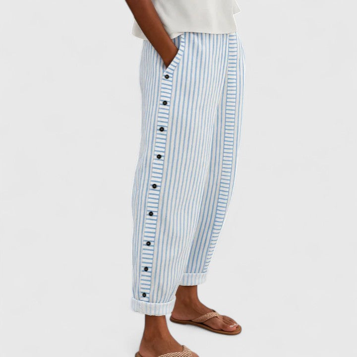 Women's Nautical Striped Tapered Trousers - Relaxed Fit | Summer - Blue