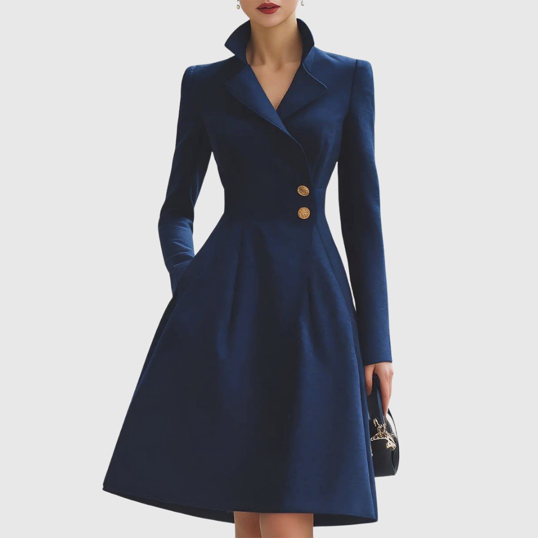Women's Navy Tailored Midi Dress with Structured Collar | Autumn - Navy