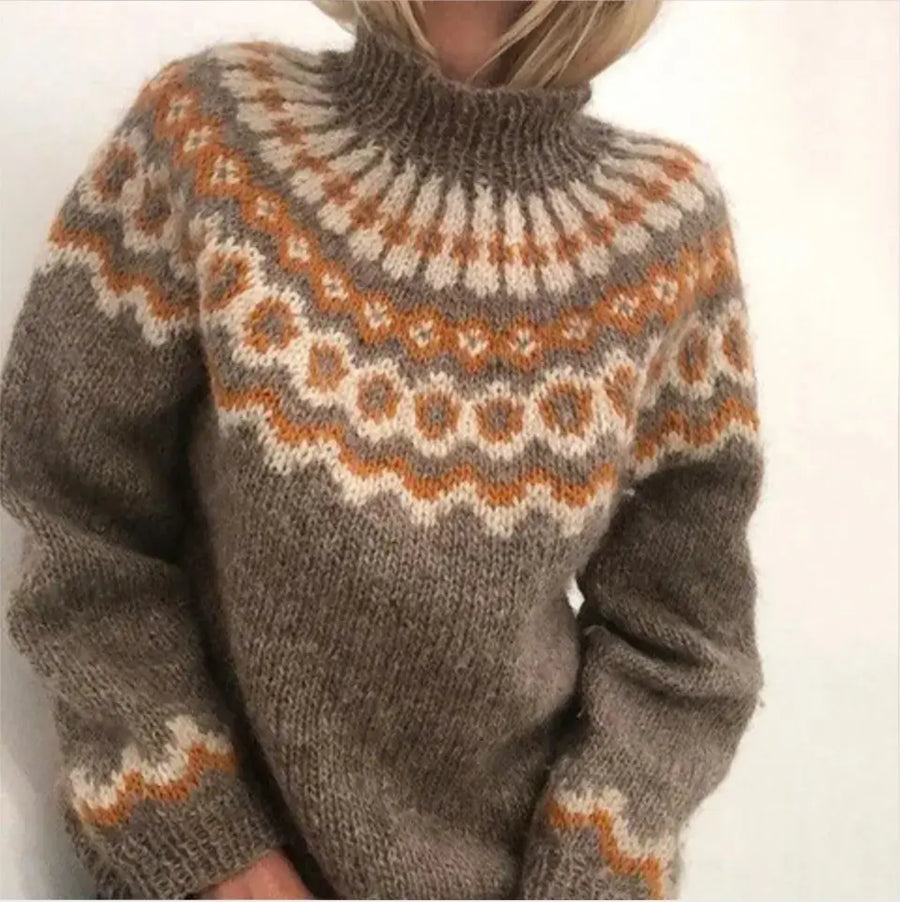 Women's Norwegian Pattern Turtleneck Sweater - Classic Warm Knit - Brown