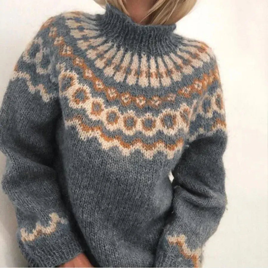 Women's Norwegian Pattern Turtleneck Sweater - Classic Warm Knit - Grey