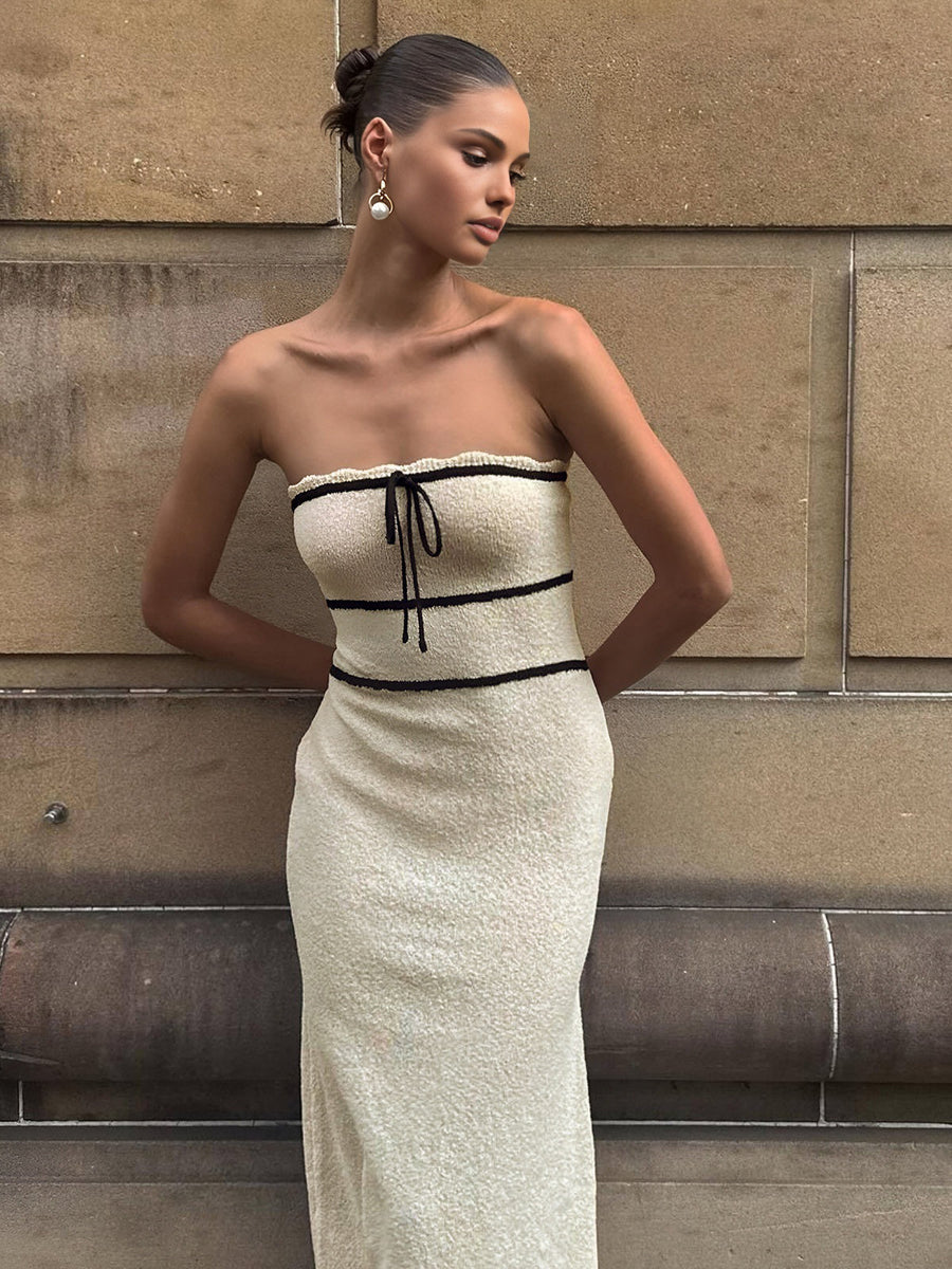 Women's Off-Shoulder Bouclé Dress - Cream with Black Trim | Spring
