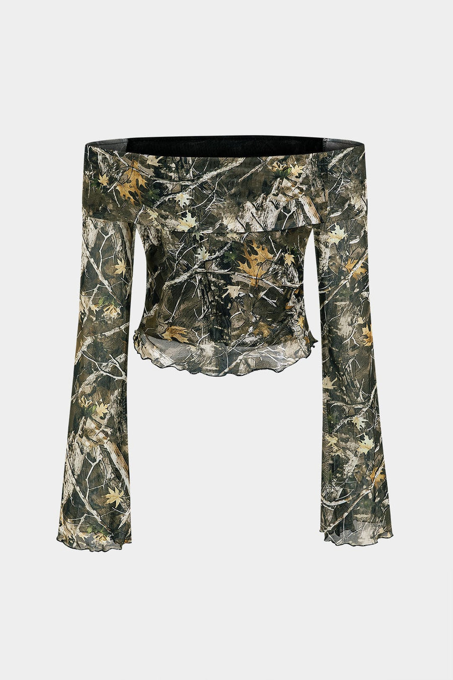 Women's Off-Shoulder Mesh Top - Camouflage Print | Fall - Camouflage