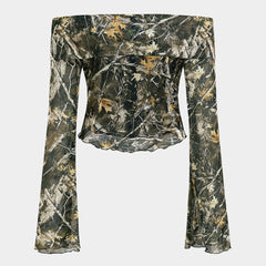 Women's Off-Shoulder Mesh Top - Camouflage Print | Autumn