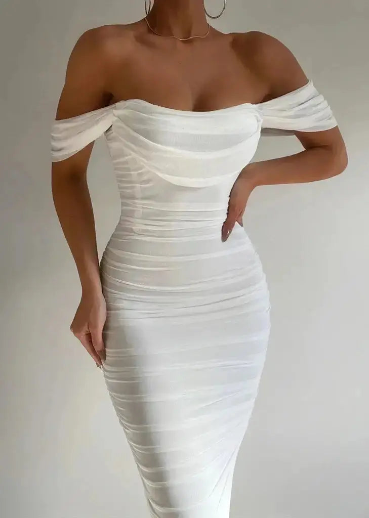 Women's Off-Shoulder Midi Dress | Bodycon | White | Autumn - White