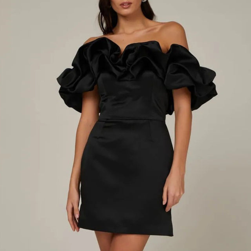 Women's Off-Shoulder Ruffle Mini Dress - Wedding Guest | Summer - Black