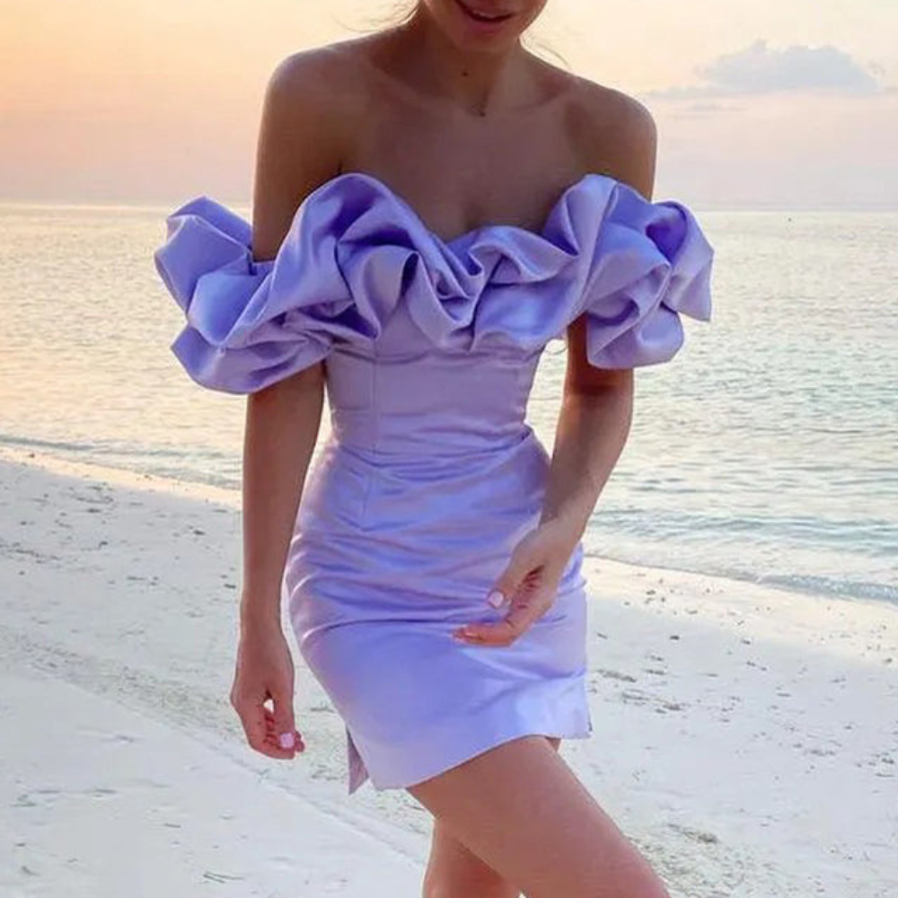 Women's Off-Shoulder Ruffle Mini Dress - Wedding Guest | Summer - Purple