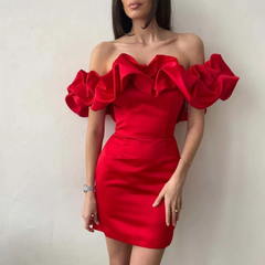 Women's Off-Shoulder Ruffle Mini Dress - Wedding Guest | Summer - Red