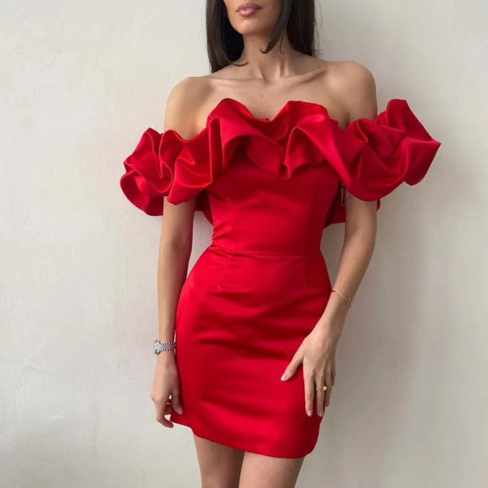 Women's Off-Shoulder Ruffle Mini Dress - Wedding Guest | Summer - Red
