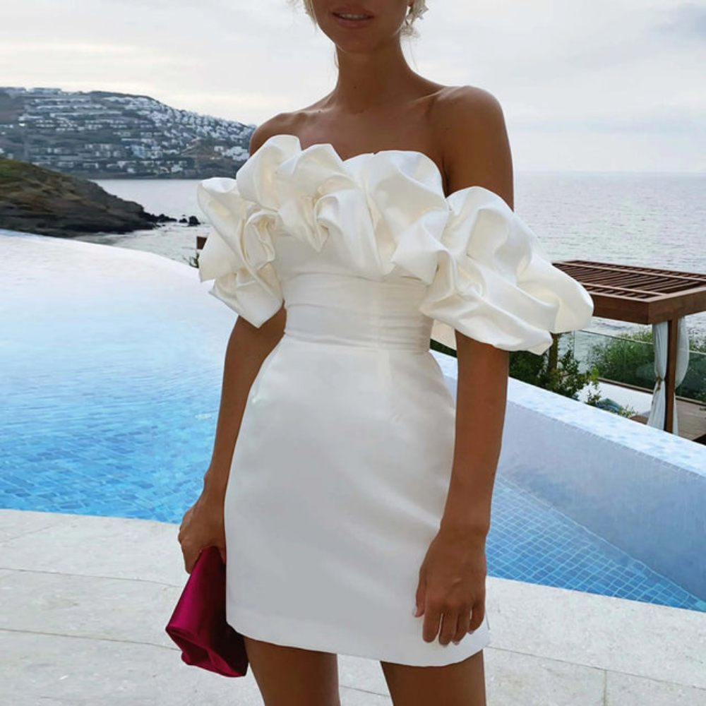Women's Off-Shoulder Ruffle Mini Dress - Wedding Guest | Summer - White