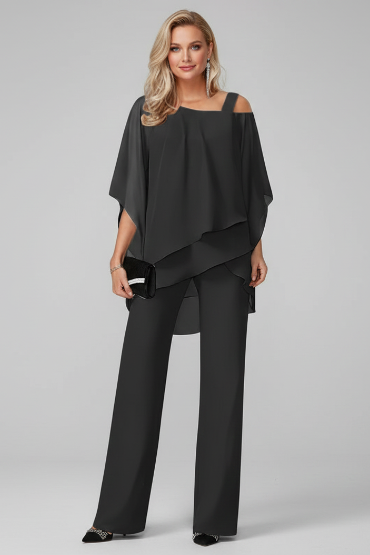 Women's Off-Shoulder Wide-Leg Jumpsuit - Flowing Evening Style - Black