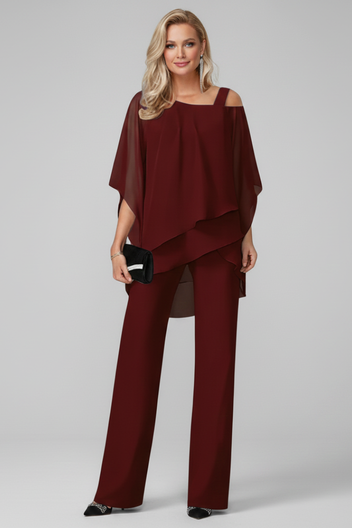 Women's Off-Shoulder Wide-Leg Jumpsuit - Flowing Evening Style - Burgundy