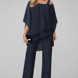 Women's Off-Shoulder Wide-Leg Jumpsuit - Flowing Evening Style - Navy