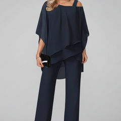 Women's Off-Shoulder Wide-Leg Jumpsuit - Flowing Evening Style - Navy