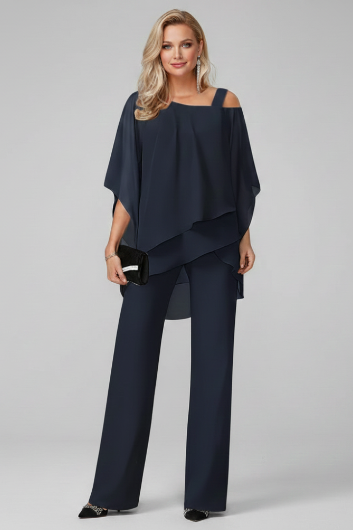 Women's Off-Shoulder Wide-Leg Jumpsuit - Flowing Evening Style - Navy