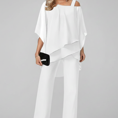 Women's Off-Shoulder Wide-Leg Jumpsuit - Flowing Evening Style - White