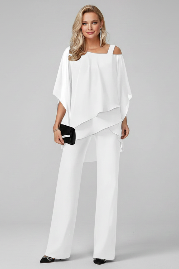 Women's Off-Shoulder Wide-Leg Jumpsuit - Flowing Evening Style - White