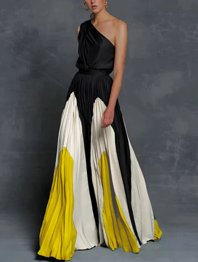 Women's One-Shoulder Color-Block Pleated Maxi Gown | Spring - Black, Ivory & Gold