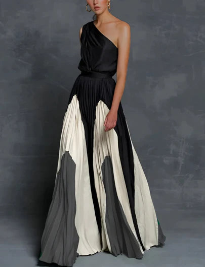 Women's One-Shoulder Color-Block Pleated Maxi Gown | Spring - Black & Ivory
