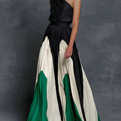 Women's One-Shoulder Color-Block Pleated Maxi Gown | Spring - Emerald & Ivory