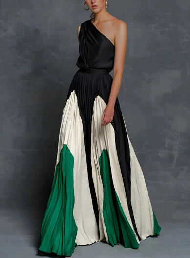 Women's One-Shoulder Color-Block Pleated Maxi Gown | Spring - Emerald & Ivory