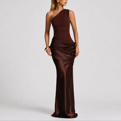 Women's One-Shoulder Draped Satin Maxi Dress - Wedding Guest | Summer - Brown
