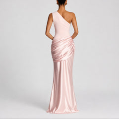 Women's One-Shoulder Draped Satin Maxi Dress - Wedding Guest | Summer