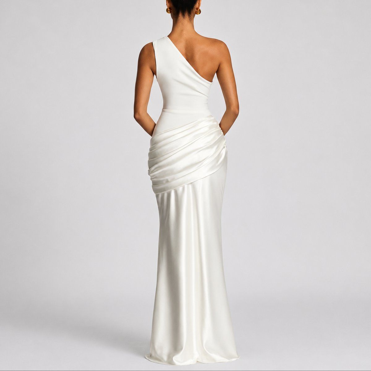 Women's One-Shoulder Draped Satin Maxi Dress - Wedding Guest | Summer