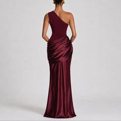 Women's One-Shoulder Draped Satin Maxi Dress - Wedding Guest | Summer