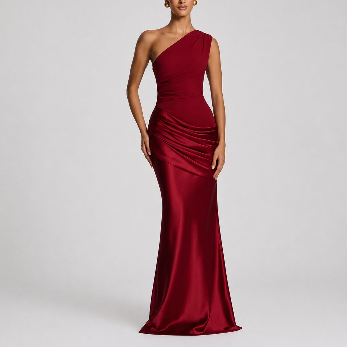 Women's One-Shoulder Draped Satin Maxi Dress - Wedding Guest | Summer