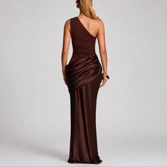 Women's One-Shoulder Draped Satin Maxi Dress - Wedding Guest | Summer