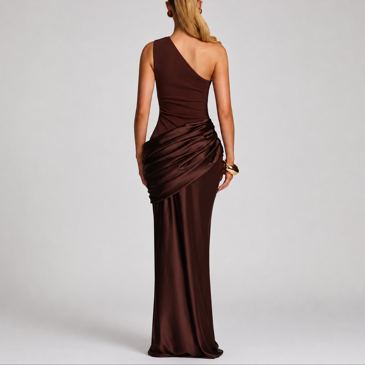 Women's One-Shoulder Draped Satin Maxi Dress - Wedding Guest | Summer