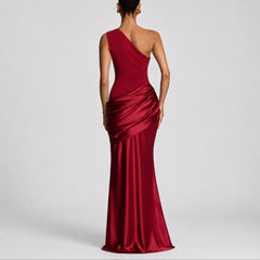 Women's One-Shoulder Draped Satin Maxi Dress - Wedding Guest | Summer