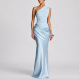 Women's One-Shoulder Draped Satin Maxi Dress - Wedding Guest | Summer - Light Blue