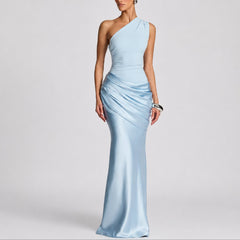 Women's One-Shoulder Draped Satin Maxi Dress - Wedding Guest | Summer - Light Blue