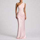 Women's One-Shoulder Draped Satin Maxi Dress - Wedding Guest | Summer - Pink