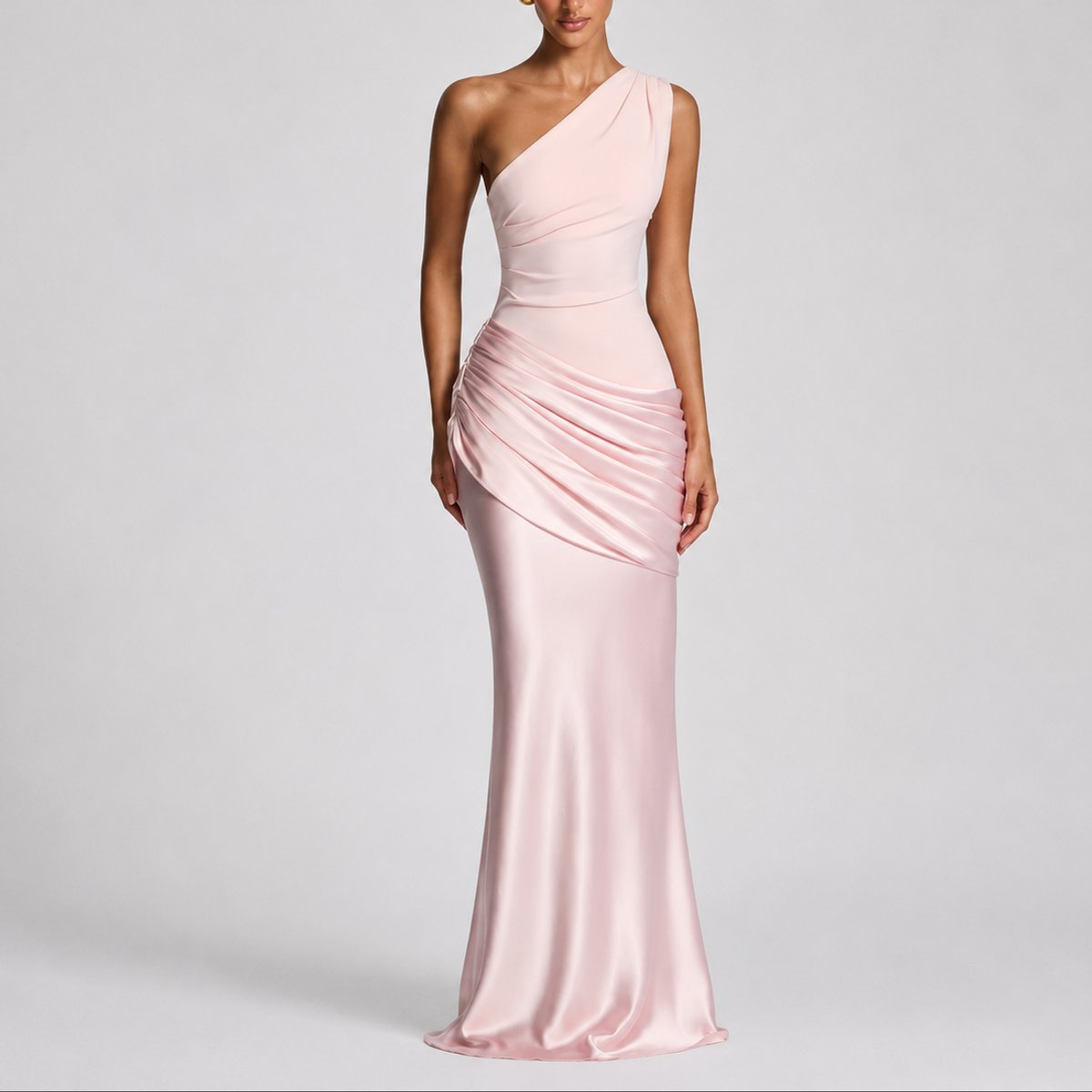 Women's One-Shoulder Draped Satin Maxi Dress - Wedding Guest | Summer - Pink