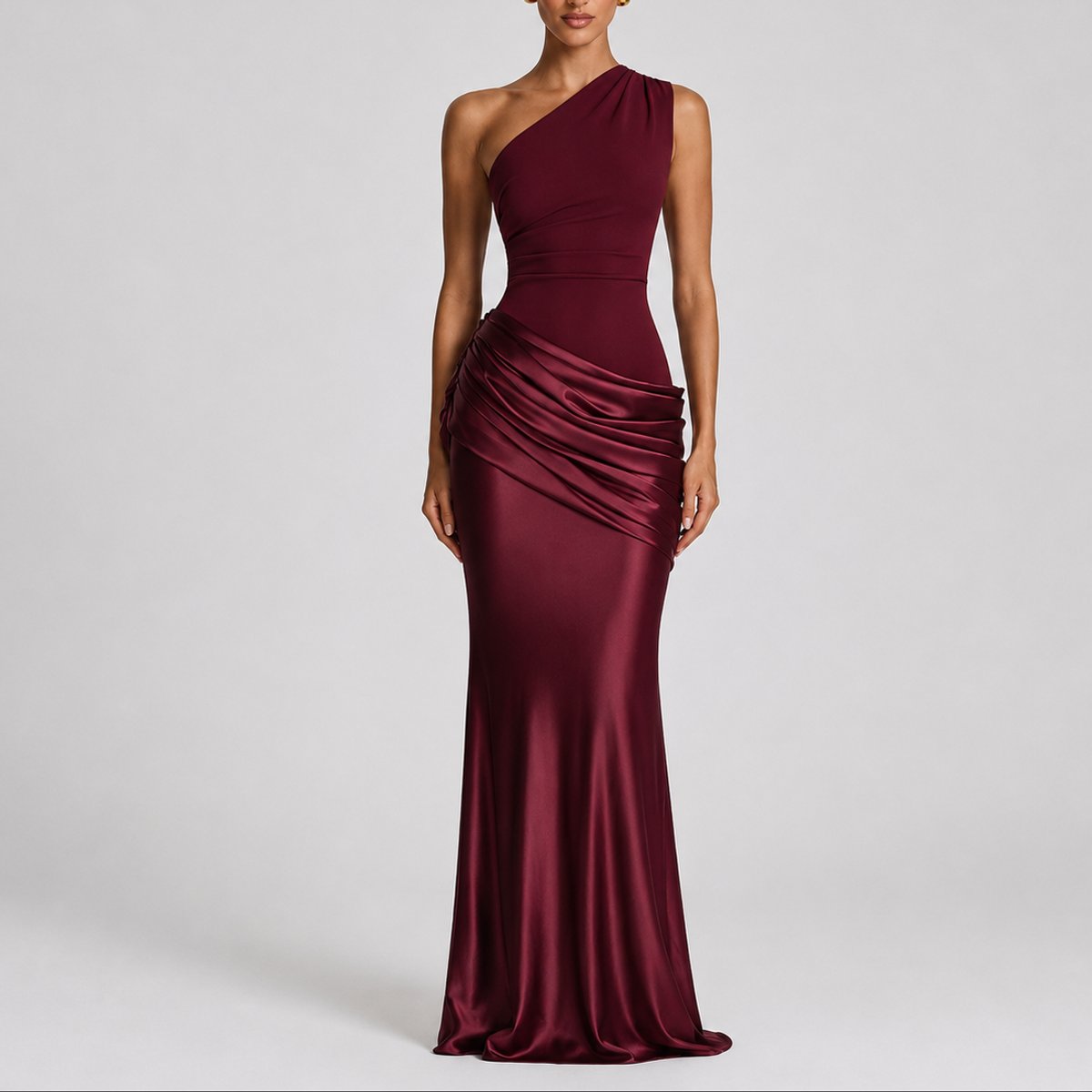 Women's One-Shoulder Draped Satin Maxi Dress - Wedding Guest | Summer - Red